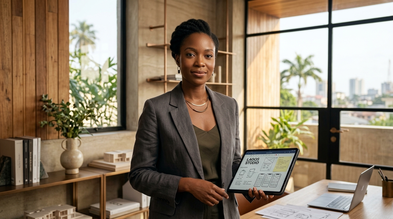 African creative director and product strategist in a modern architectural studio