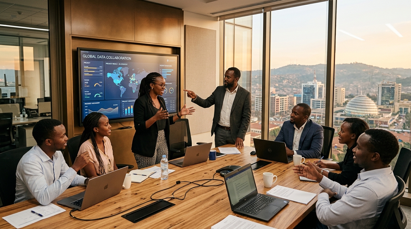 Collaborative meeting of African engineers and project directors in a modern executive conference setting