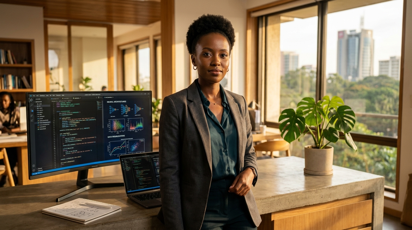 African systems engineer and AI researcher in a contemporary technology workspace